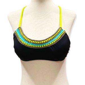 Victoria’s Secret black bikini top, turquoise, neon yellow crochet cross back